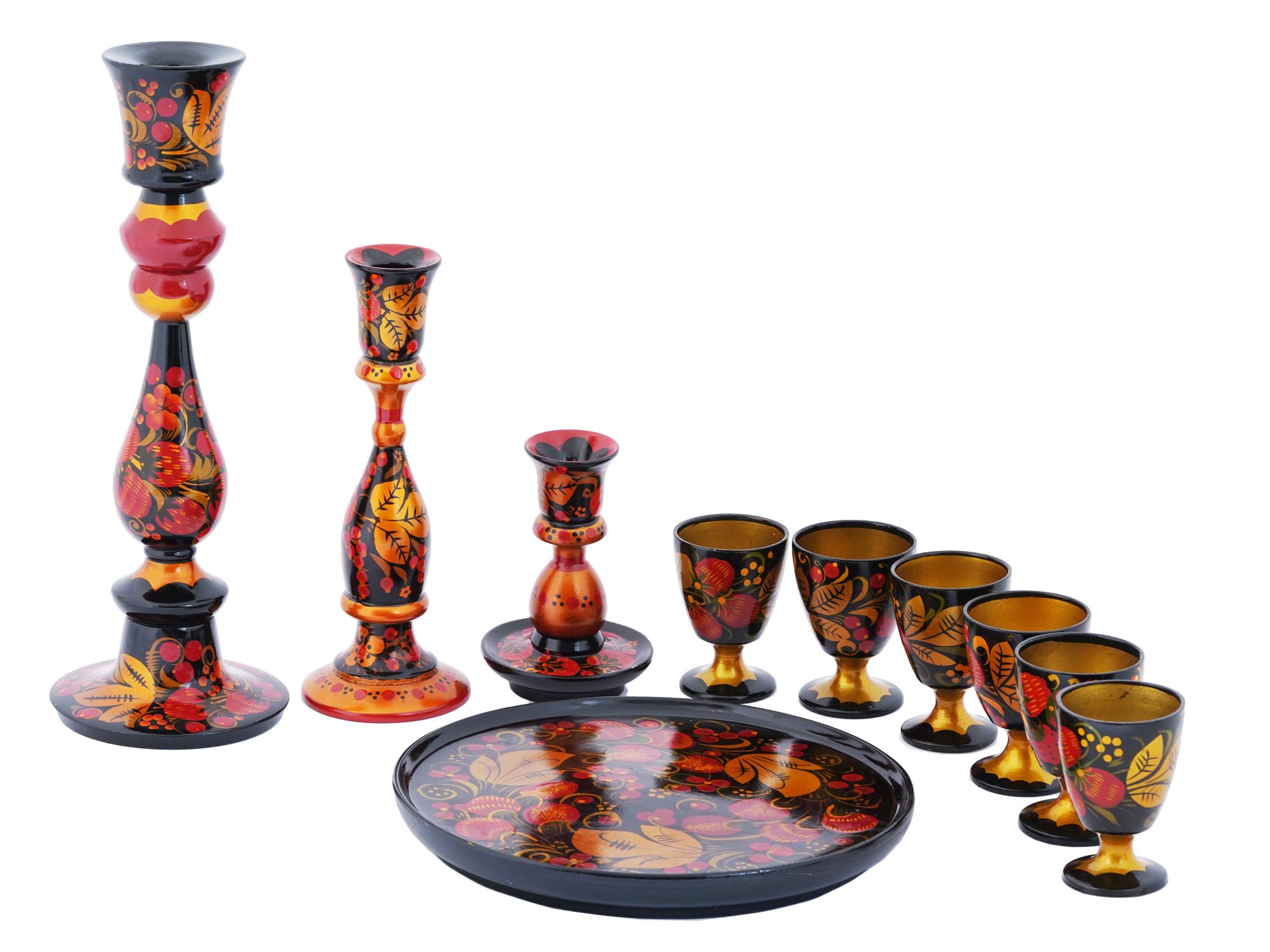 RUSSIAN KHOKHLOMA BAR SET & CANDLESTICKS, 10 PCS PIC-0